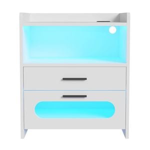 Ufurniture Bedside Table LED Nightstand 2 Drawers with Wireless Charging Station and USB Port White