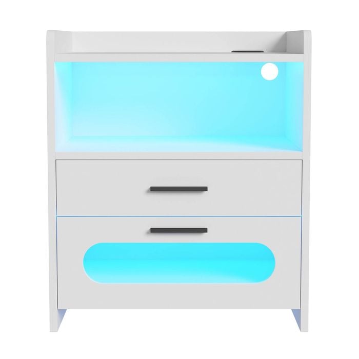 Ufurniture Bedside Table LED Nightstand 2 Drawers with Wireless Charging Station and USB Port White