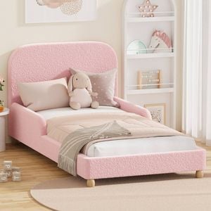 Oikiture Kids Bed Frame Single Side Guard Rails Boucle Pink