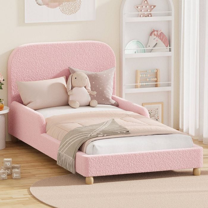 Oikiture Kids Bed Frame Single Side Guard Rails Boucle Pink