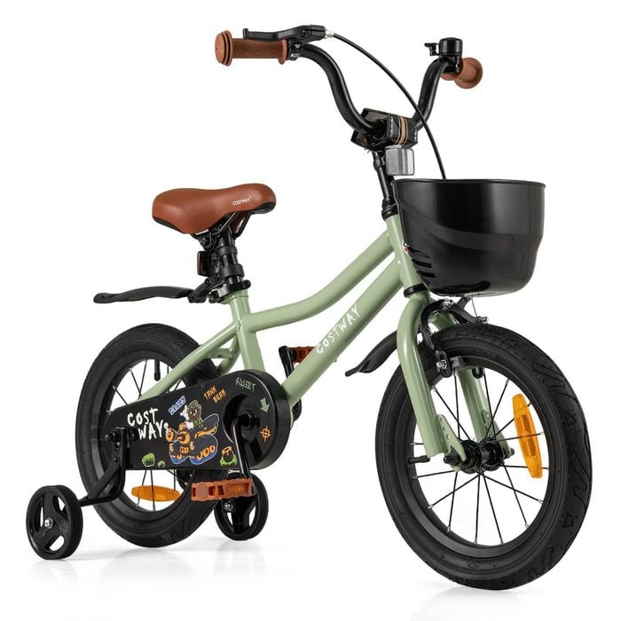 Costway 36 Cm Kids Bike Push Pedal Bicycle W/training Wheels Green