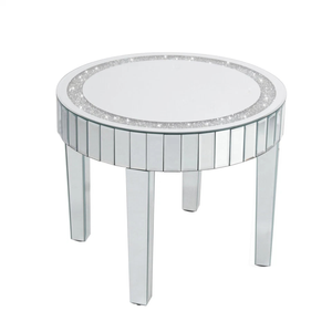 P&P Silver Mirrored Round Side Table With Crushed Crystal Inlay And Reflective Panels – Glam Accent