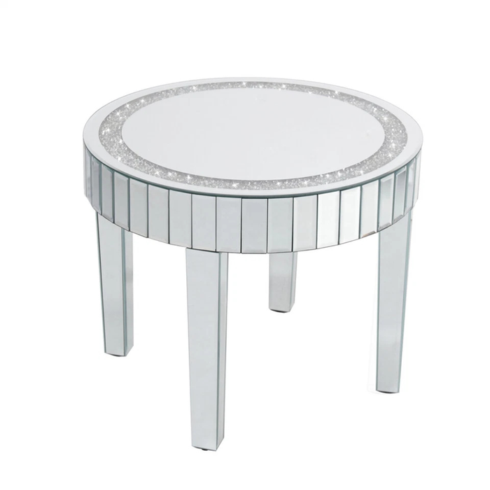 P&P Silver Mirrored Round Side Table With Crushed Crystal Inlay And Reflective Panels – Glam Accent