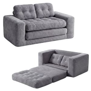 Advwin Folding Sofa Bed 2 in 1 Convertible Floor Loveseat Sofa Fold Out Corduroy Sleeper Couch w/ 2 Pillows Grey