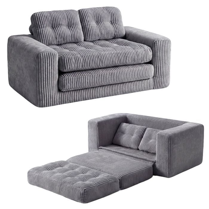Advwin Folding Sofa Bed 2 in 1 Convertible Floor Loveseat Sofa Fold Out Corduroy Sleeper Couch w/ 2 Pillows Grey
