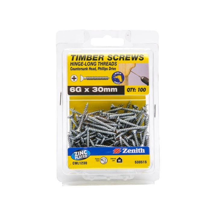 Zenith 6G x 30mm Zinc Plated Hinge-Long Thread Countersunk Head Timber Screws - 100 Pack