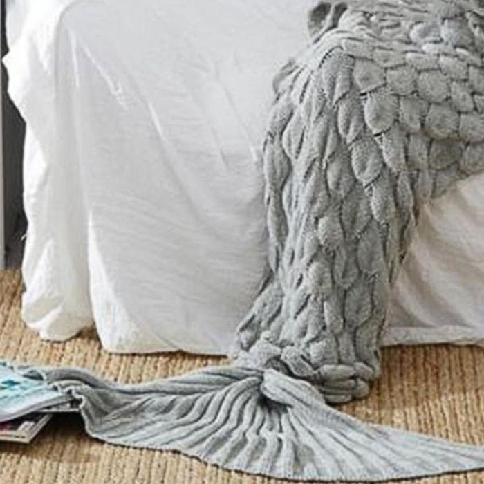 CottonMore Knitted Mermaid Tail Blanket Home Decor Acrylic Throw Rug 195cmx90cm - Grey