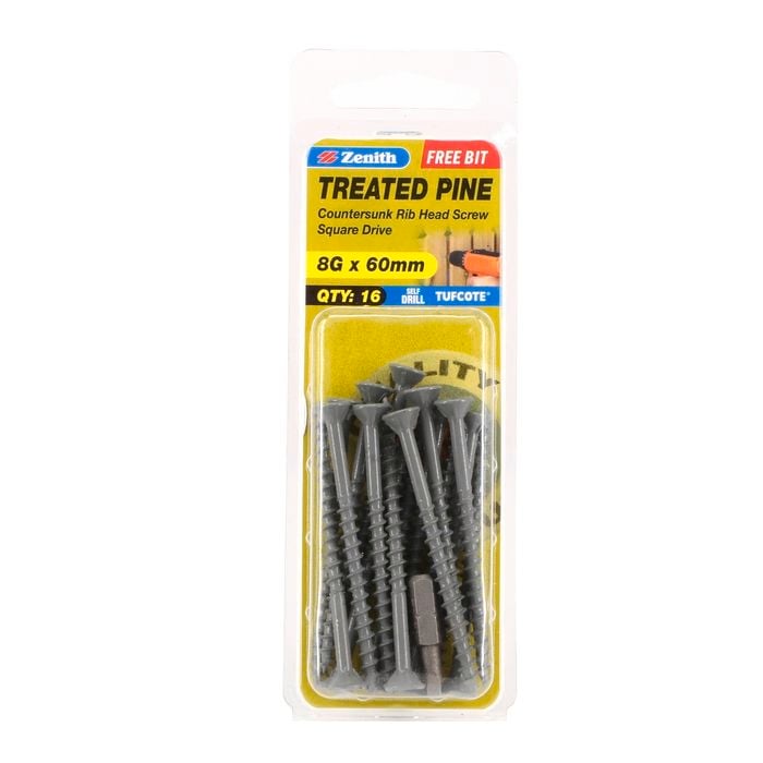 Zenith 8G x 60mm Tufcote® Countersunk Rib Head Treated Pine Screws - 16 Pack