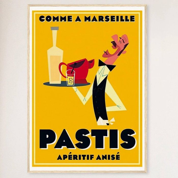 Galrie Comme et Marseilles Pastis Retro Print- French Vintage Poster Décor Art, Wood Frame, A3 30 x 42cm (12 x 16inch)