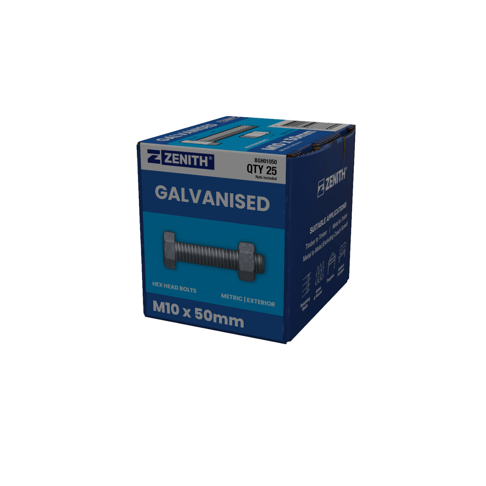 ZENITH M10 x 50mm Hot Dip Galvanised Hex Head Bolts and Nuts - 25 Pack product image