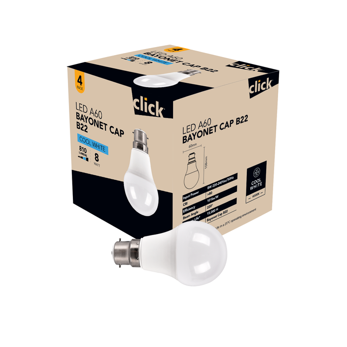 Click A60 BC LED 810lm Cool White 8W Globe - 4 Pack