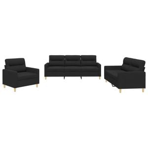 vidaXL Sofa Set with Cushions 2-Seater Sofa Couch Settee 3 Piece Black Fabric