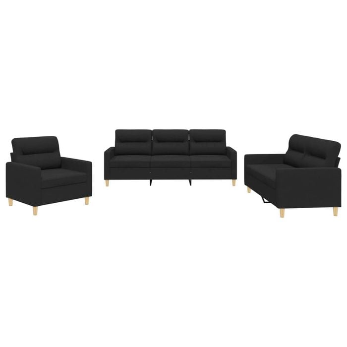 vidaXL Sofa Set with Cushions 2-Seater Sofa Couch Settee 3 Piece Black Fabric