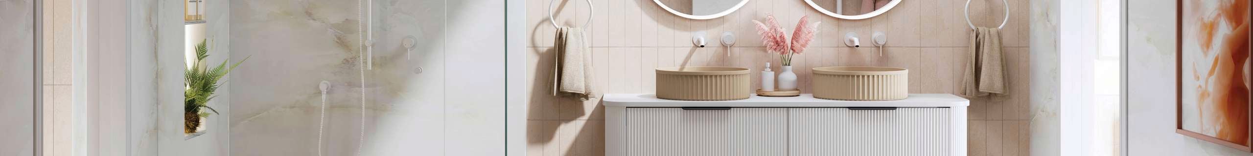 Fienza brand page header of basin and mirror combo in bathroom with cream and white theme