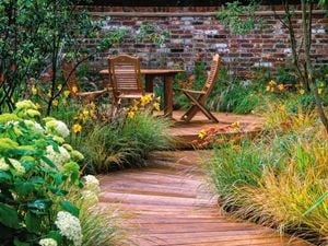 Wooden path with a table and chairs within a garden setting and flowering daffodils.