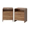 Oikiture 2pc Bedside Table Open Shelf Nightstand Handle-Free Drawers Walnut