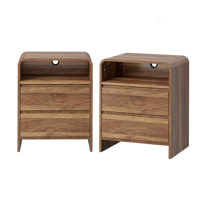 Oikiture 2pc Bedside Table Open Shelf Nightstand Handle-Free Drawers Walnut