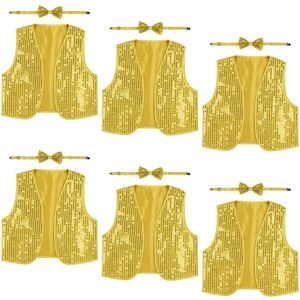 6x Kids Sequin Vest Bow Tie Set Costume 80s Party Dress Up Waistcoat Gold/Yellow