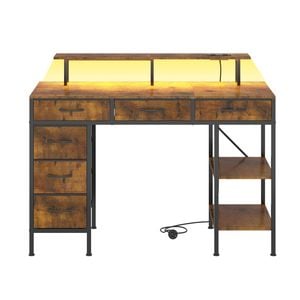 Advwin Computer Desk with LED Lights & Power Outlets, 120cm Gaming Desk with 6 Fabric Drawers