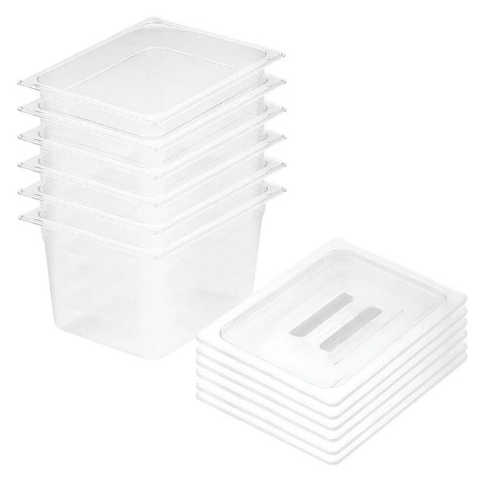 SOGA 1/2 GN Polycarbonate Food Pan 200mm Clear 6 Pack with Lids
