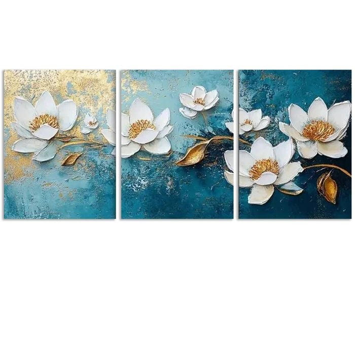 3pcs White Flowers on Blue Background Print 100% Australian Made 3 x 40x60cm (Metal Print)