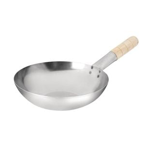 Vogue Wok Mild Steel Flat Base Wooden Handle 254mm Stir Fry Pan Cookware