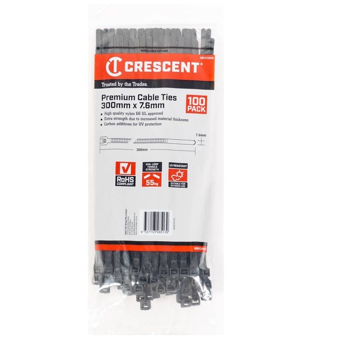 Crescent Black 300 x 7.6mm Heavy Duty Cable Ties - 100 Pack
