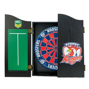 NRL Dartboard and Cabinet Set Sydney Roosters Team Design Black Finish
