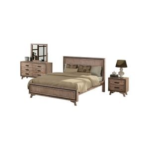 4 Pieces Bedroom Suite King Size Silver Brush in Acacia Wood Construction Bed, Bedside Table & Dresser