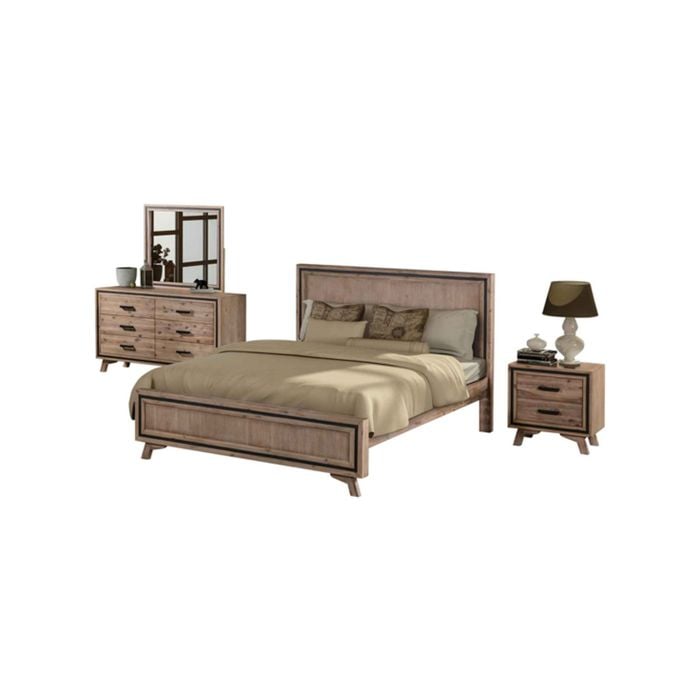 4 Pieces Bedroom Suite King Size Silver Brush in Acacia Wood Construction Bed, Bedside Table & Dresser
