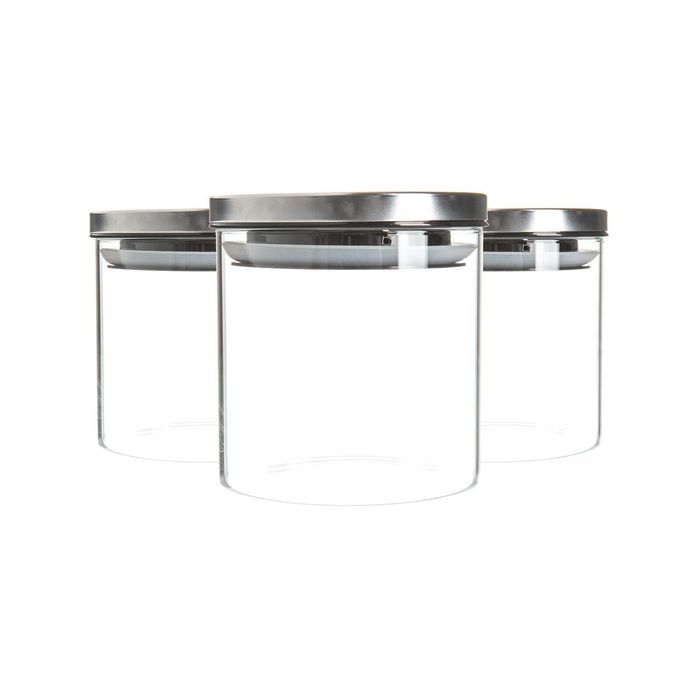 Argon Tableware Glass Storage Jars with Metal Lids - Silicone Seal - 550ml - Silver - Pack of 3