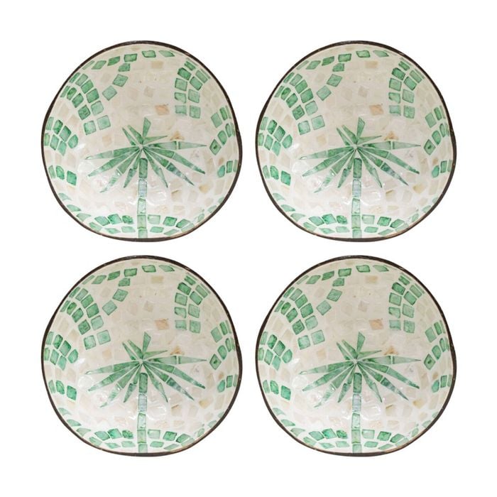 4pk Lvd Palm Deep Green Round Coconut Capiz Trinket/jewellery Bowl 13x13x6cm