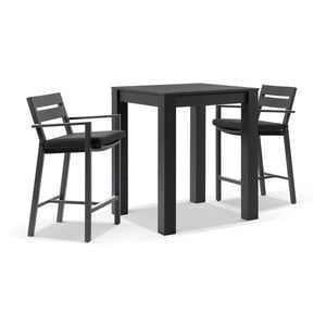 Santorini Outdoor Aluminium Square Bar Table Charcoal With 2 Stools & Denim Grey Cushions