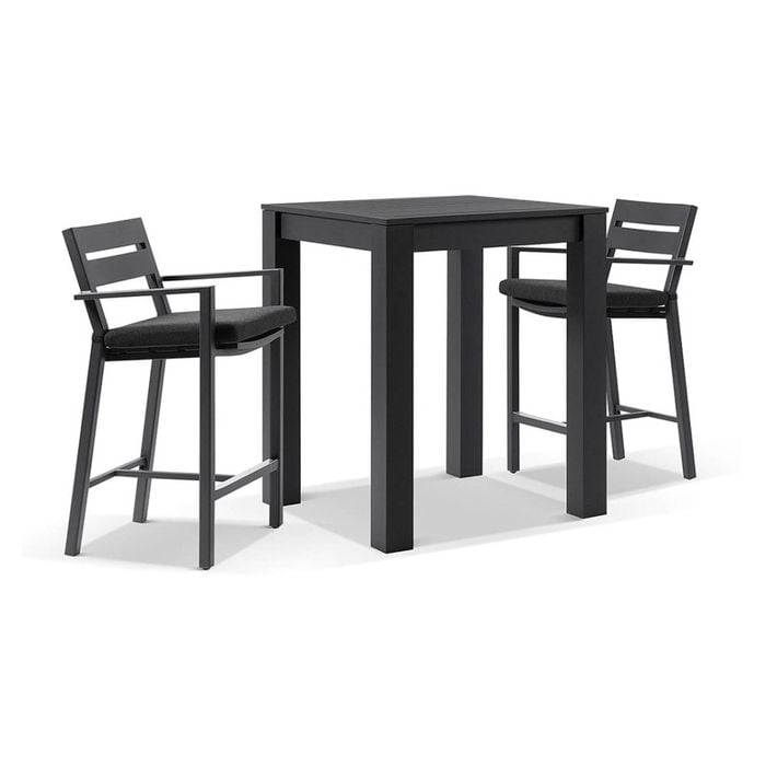 Santorini Outdoor Aluminium Square Bar Table Charcoal With 2 Stools & Denim Grey Cushions
