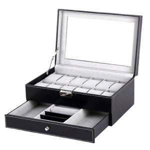 Catzon Watch Storage Box 2-tier 12 Slot Lockable Jewelry Display Case With Glass Lid-black