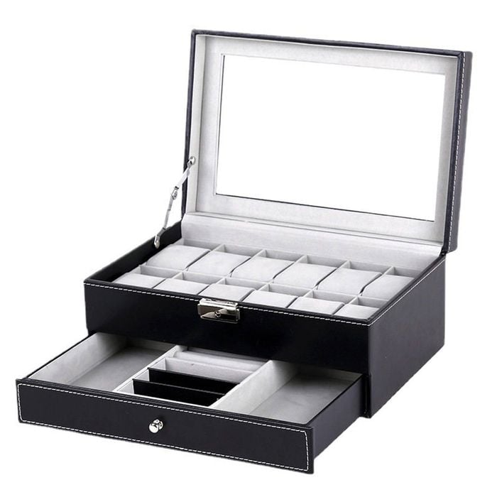 Catzon Watch Storage Box 2-tier 12 Slot Lockable Jewelry Display Case With Glass Lid-black
