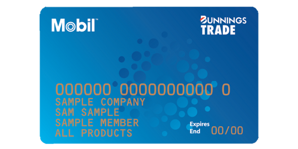 Light blue Mobil Bunnings Trade card  with letters and numbers on it.