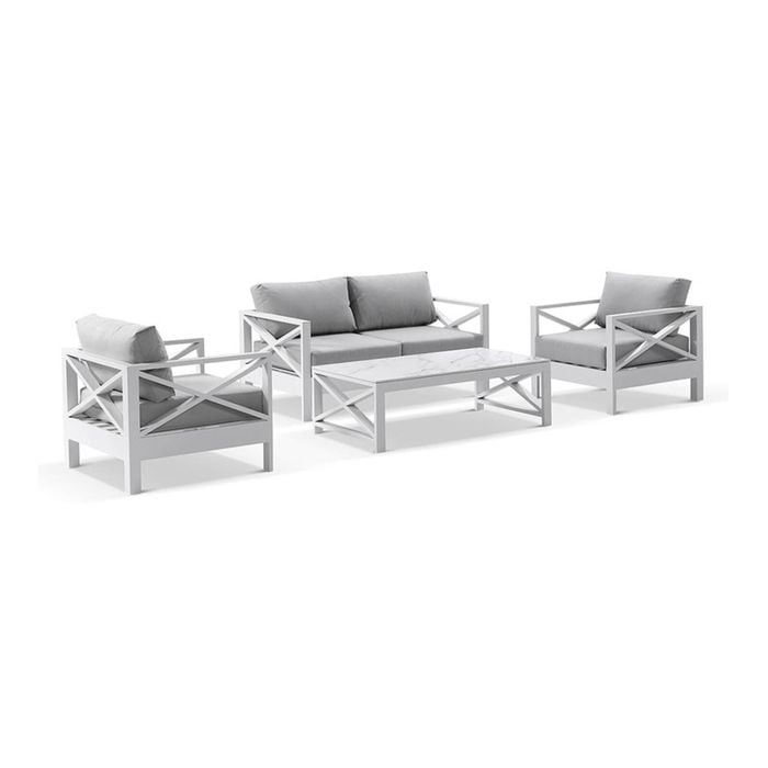 Kansas 2+1+1 Seater Lounge Set Coffee Table White & Olefin Grey Cushions