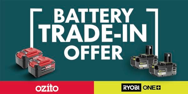 Promotional graphic for a battery trade-in offer featuring two red Ozito PXC batteries on the left and two Ryobi ONE+ 18V batteries on the right. Large white text reads “BATTERY TRADE-IN OFFER” on a teal background, with Ozito and Ryobi ONE+ logos displayed along the bottom.