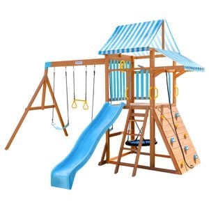 Teamson Kids Laguna Outdoor Swing Set Playset with Platform, Rock Wall, and Wave Slide, Aqua & Natural