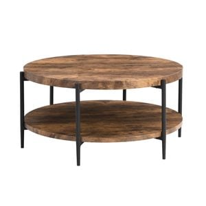 IHOMDEC 2-Tier Industrial Round Coffee Table - Rustic Dark Brown