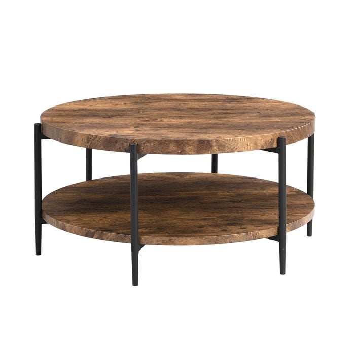 IHOMDEC 2-Tier Industrial Round Coffee Table - Rustic Dark Brown