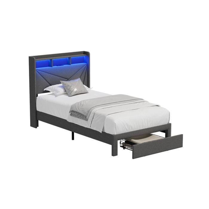 Oikiture Bed Frame King Single Size With Led Light Usb Charging Storage Headboad Drawers