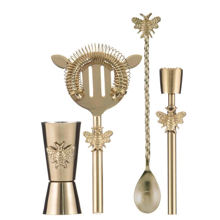 4pc Tempa Modern Bee Barware Cocktail Drink Maker Set Metallic Gold