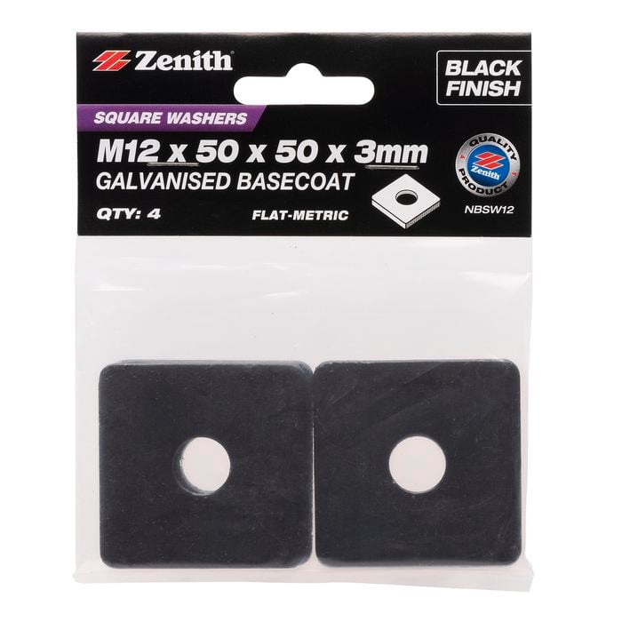 Zenith M12 x 50 x 50 x 3mm Black Square Washer - 4 Pack