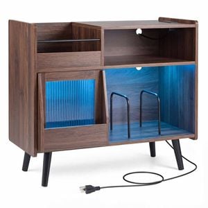 Costway LED Record Player Stand Turntable Vinyl Storage Power Outlets