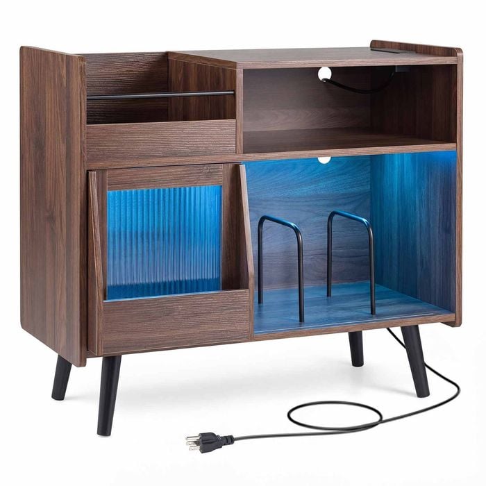 Costway LED Record Player Stand Turntable Vinyl Storage Power Outlets