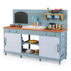 Costway Outdoor Kids Play Kitchen Wooden Pretend Mud Kitchen Blue