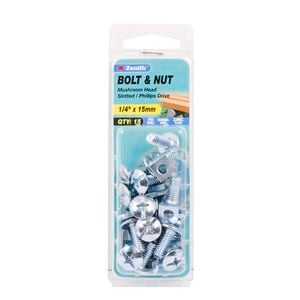 Zenith 1/4" x 15mm Zinc Plated Mushroom Head Bolt And Nut - 15 Pack