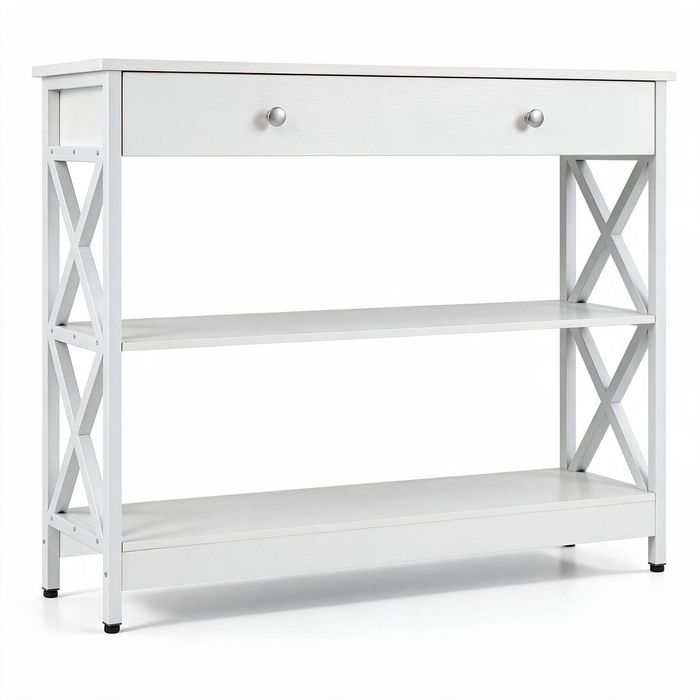 Costway 3-Tier Wood Console Table Hallway Display Desk w/Drawer & Open Shelf White